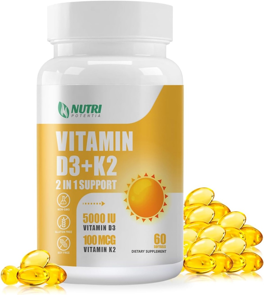 Vitamine D3 K2 avec huile MCT, Vitamine D3 5000 UI et K2 100mcg, Formule 2 en 1 pour la santé des os et du coeur, sans gluten - 60 softgels de compte