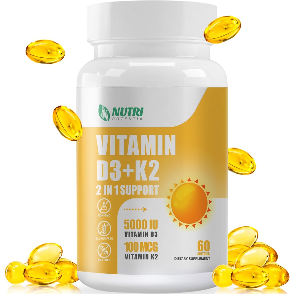 Vitamine D3 K2 avec huile MCT, Vitamine D3 5000 UI et K2 100mcg, Formule 2 en 1 pour la santé des os et du coeur, sans gluten - 60 softgels de compte