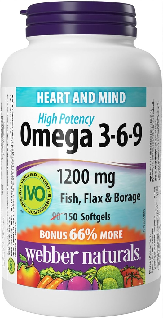 Webber Naturals Omega 3-6-9 Huiles de lin, de poisson et de bore 1200 mg, 150 softgels