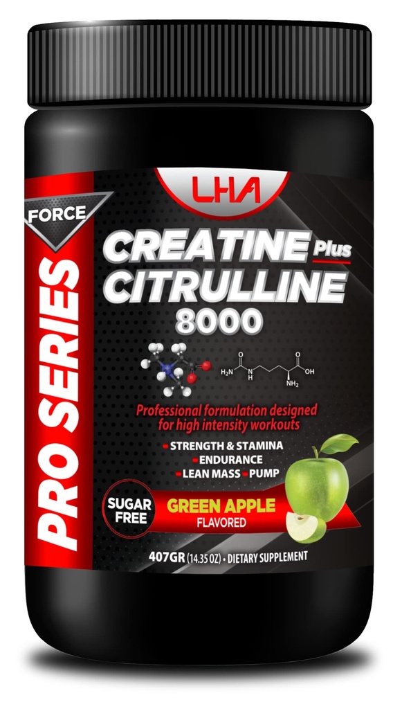 Pro Series Force Creatine + Citruline 8000. Strenght & Stamina, Endurance, Lean Mass, Pump. Apple Flavor 400g