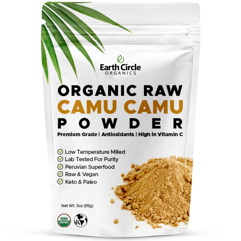 Earth Circle Organics Camu Camu Powder – Organic Raw Berry Powder with Natural Vitamin C & Antioxidants – Vegan, Kosher, Non-GMO Superfood for Immunity & Energy – 3oz (Pack of 1)