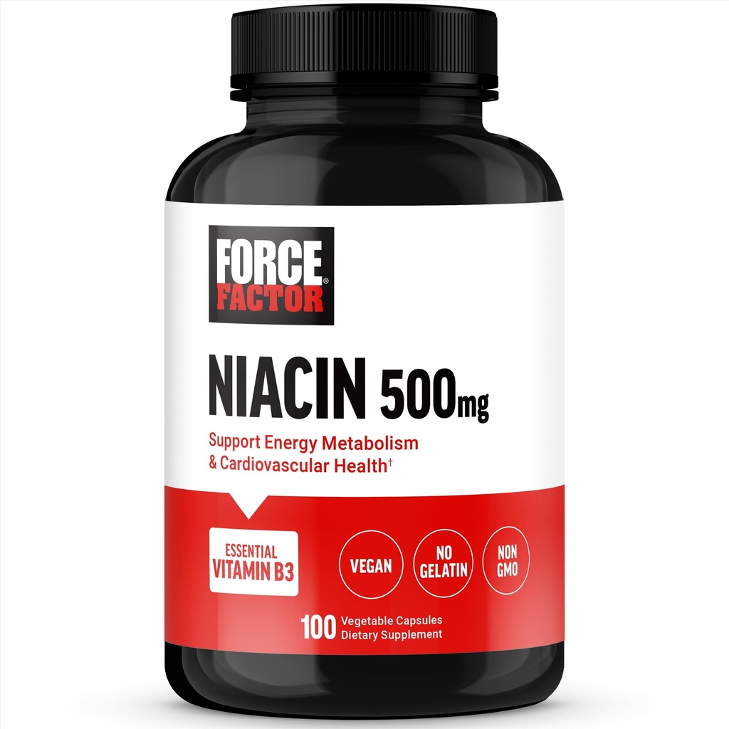 Facteur de force Niacin vitamine B3 pour soutenir l'énergie cellulaire et la santé cardiovasculaire, Niacin 500mg supplément santé cardiaque, végétalien, sans gélatine, non-OGM, 100 capsules végétales