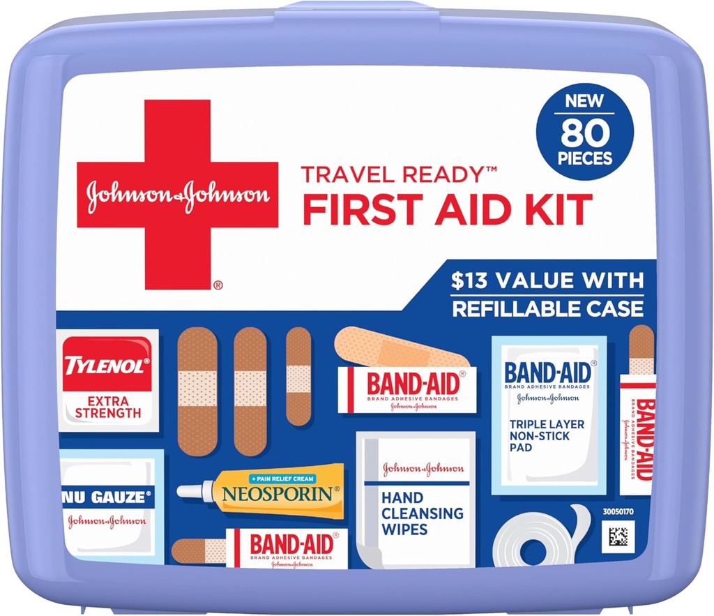 BAND-AID Marque Voyage prêt Trousse Portable de premiers soins d'urgence pour les blessures mineures, parfait pour la maison, la voiture, le voyage, l'essentiel du camping et la trousse d'urgence extérieure, 80 pièces