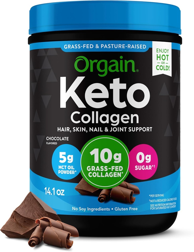 Orgain Kéto poudre de protéines de collagène, chocolat - 10g Herbacé Fed Peptides de collagène hydrolysés pour les femmes et les hommes, Type I et III, 5g MCT huile - cheveux, peau, ongles et soutien articulaire, non-OGM, sans gluten - 0,88lb