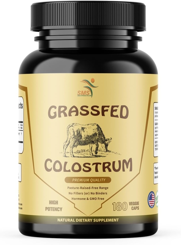 Supplément au colostrum de boeuf de la Fed d'herbe, 3000 mg, offre un soutien immunitaire et fait la promotion de la santé Gut, performance athlétique, niveaux de fer sains, non OGM, 180 capsules