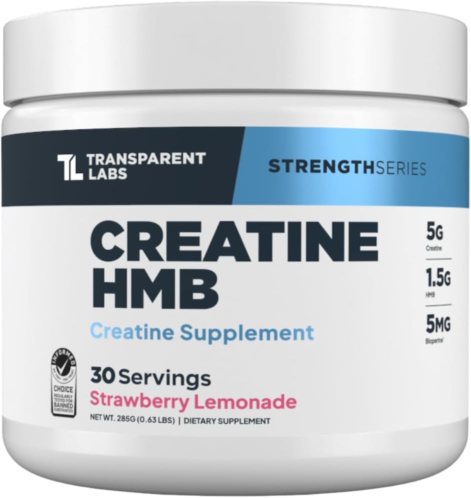 Laboratoires transparents Creatine HMB - Poudre monohydratée de créatine avec HMB pour la croissance musculaire, la force accrue, la production d'énergie accrue et l'amélioration de la performance athlétique - 30 portions, citronnade de fraise