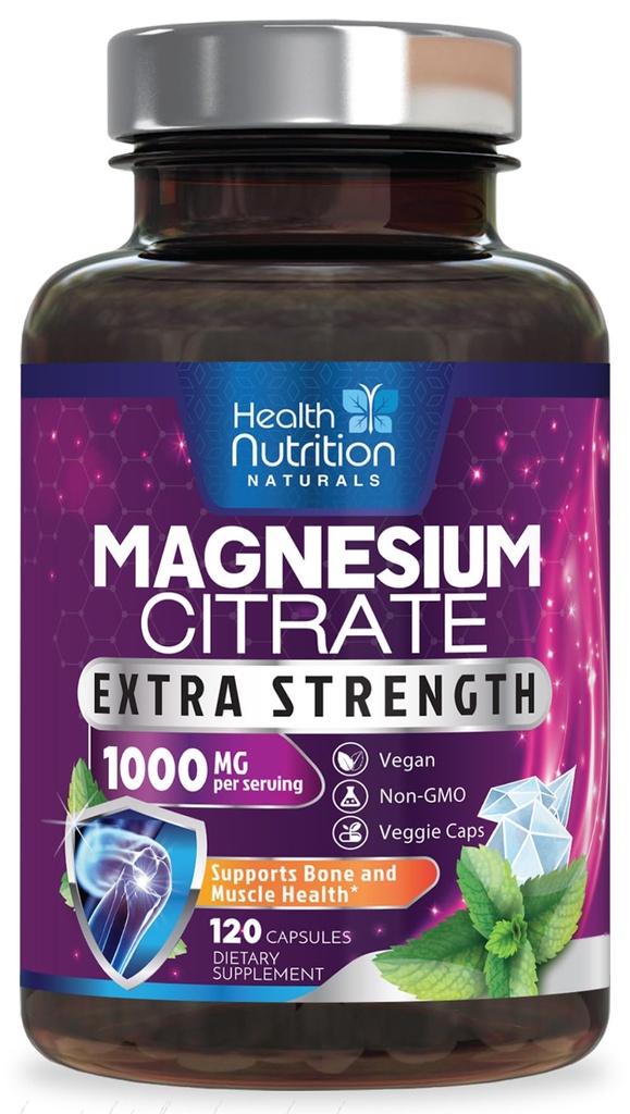 Capsules de citrate de magnésium 1000mg - Poudre de magnésium Max Absorption pour support musculaire, nerveux, os et cardiaque, complexe de citrate de haute absorption, sans gluten, sans OGM - 120 capsules