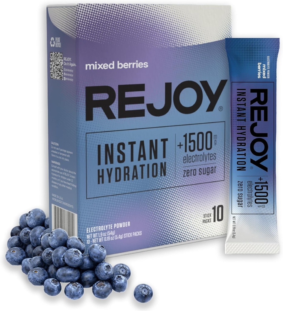 Rejoy – Packs de poudre d'électrolyte, 10 bâtons – Supplément de mélange de boisson d'hydratation – Sans sucre, Keto et Paleo, Vegan, Non-OGM, Easy Open Bâton à usage unique (Berries mélangées)