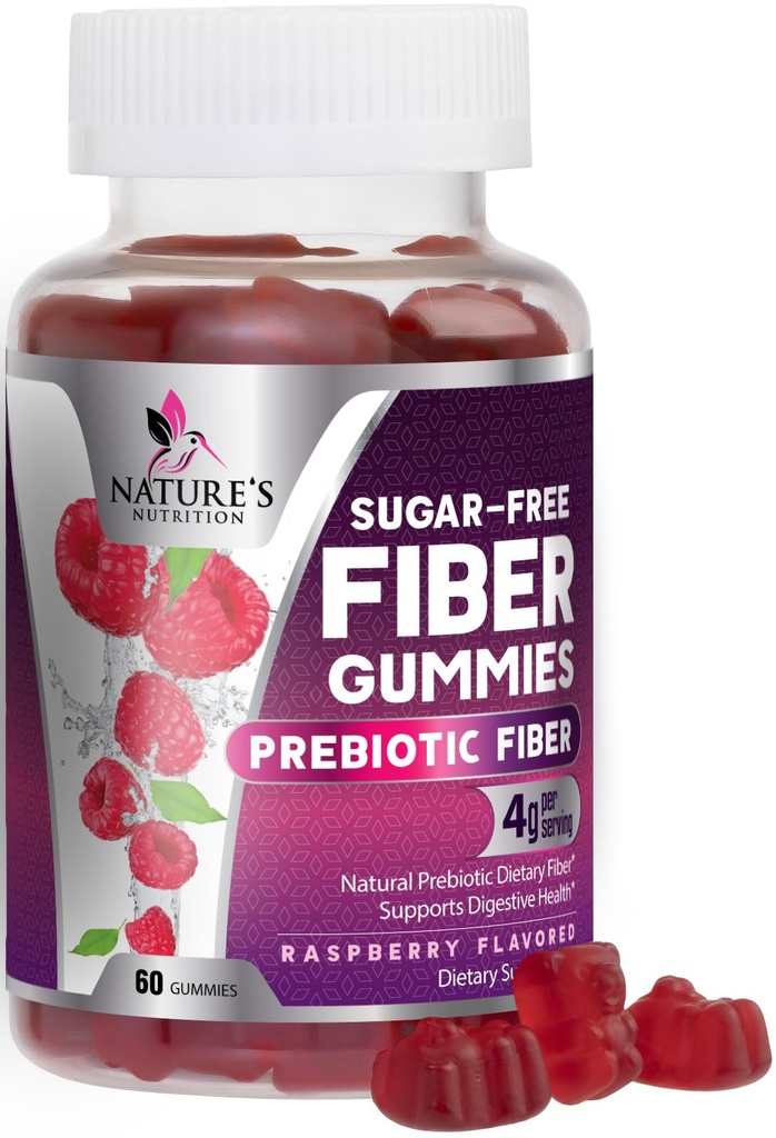 Gommies de fibre prébiotique 4g - Supplément sans sucre Gommy Fiber pour la santé digestive des adultes et le soutien de la régularité - Arôme de framboise naturelle, mélange à base de plantes, non-OGM et sans gluten - 60 Gommies