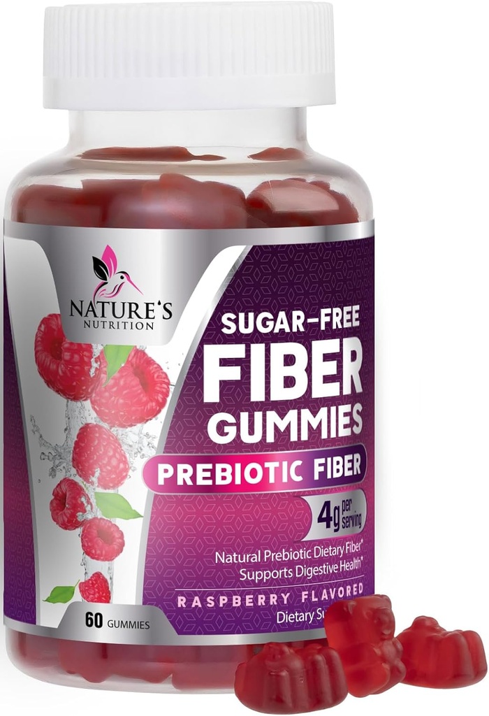 Gommies de fibre prébiotique 4g - Supplément sans sucre Gommy Fiber pour la santé digestive des adultes et le soutien de la régularité - Arôme de framboise naturelle, mélange à base de plantes, non-OGM et sans gluten - 60 Gommies