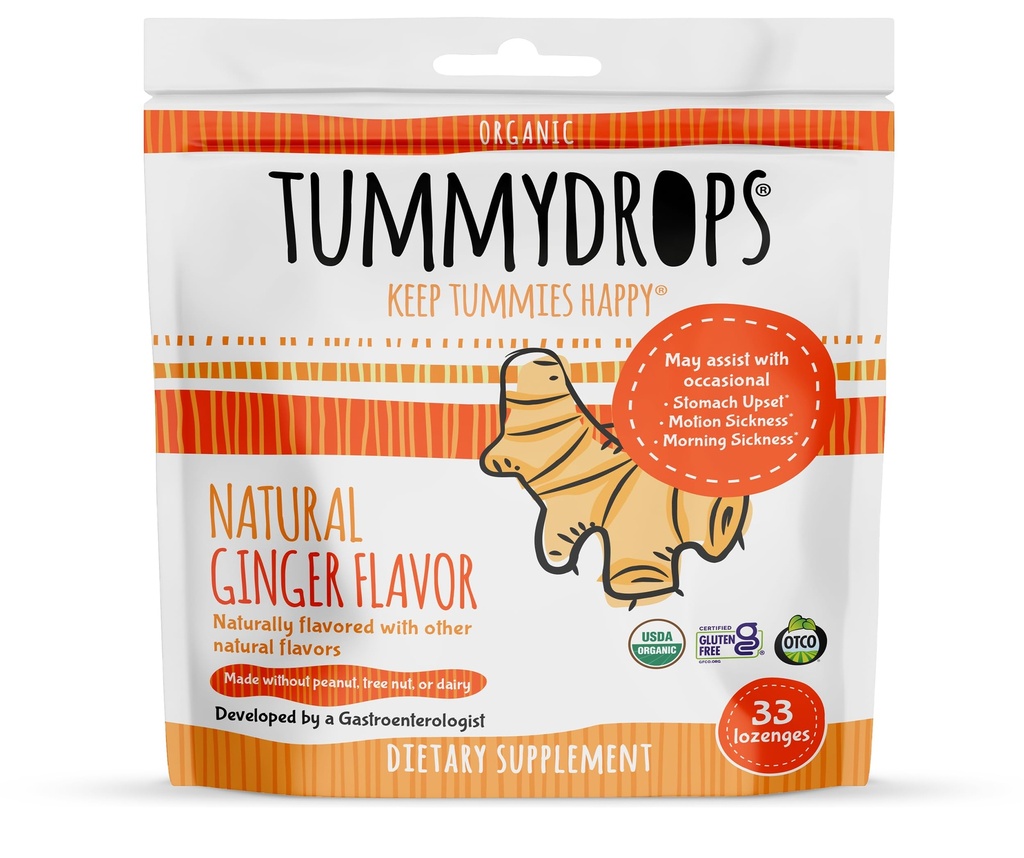 Tummydrops bio de gingembre, sans gluten et végétalien, 33 gouttes emballées individuellement dans un sac refermable