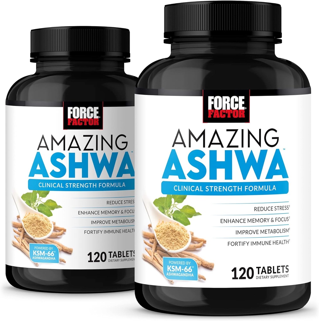 Facteur de force incroyable Ashwa, KSM-66 Ashwagandha Supplément pour le soulagement du stress, Focus, Mémoire, Soutien immunitaire, Avec vitamines, minéraux et antioxydants, Suppléments de cortisol pour les femmes, 240 comprimés (2-pack)