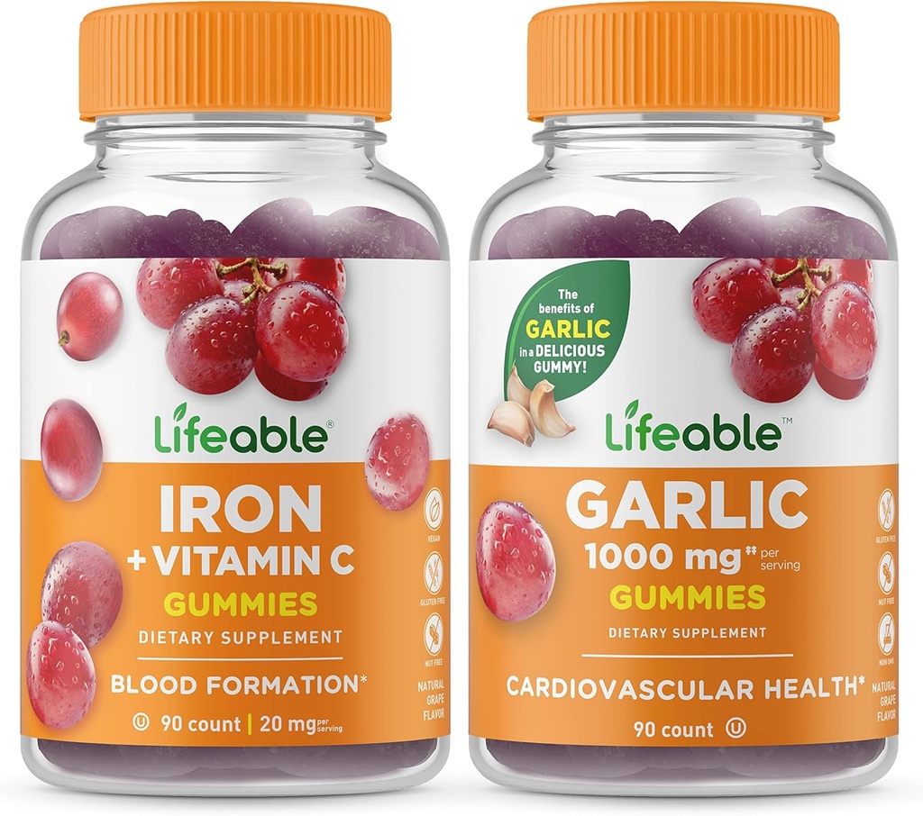 Fer Lifeable avec Vitamine C + Ail 1000mg, Gummies Bundle - Grande dégustation, supplément de vitamine, sans gluten, sans OGM, gummy à croquer