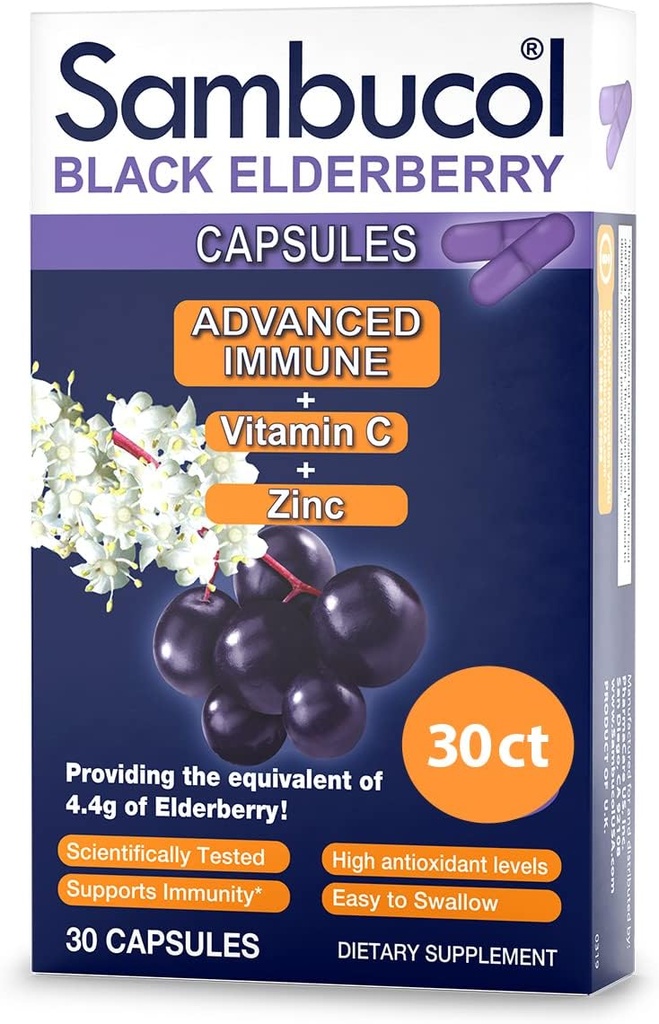 Sambucol Black Elderberry Capsules - Immune avancée, vitamine C et zinc, capsules Elderberry, supplément de soutien immunitaire, suppléments de mûrier noir, sans gluten, capsules faciles à avaler - 30 Compte