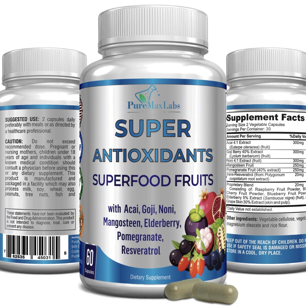 Super Complexe Fruit Antioxydant Superfood - Puissant Antioxydant Superfruits, Acai, Goji, Noni, Mangosteen, Pomégranate, Elderberry, Resveratrol, Immune Support, Soins de la peau - 60 Capsules