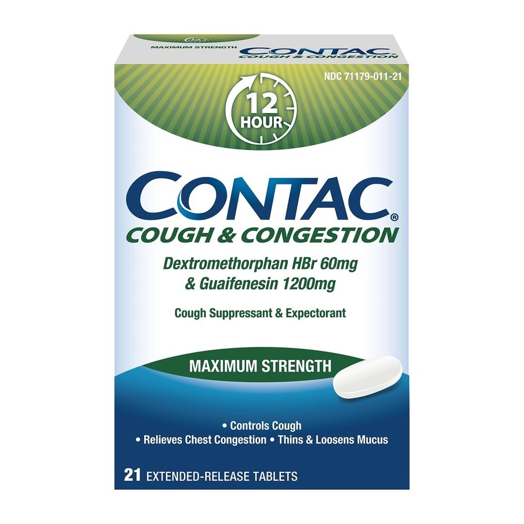 Contac Toux et congestion Commandes de résistance maximale Toux, Thins et Loosens Mucus, Guaifenesin et Dextrométhorphane HBr, Comprimés à libération prolongée, 21 Compte