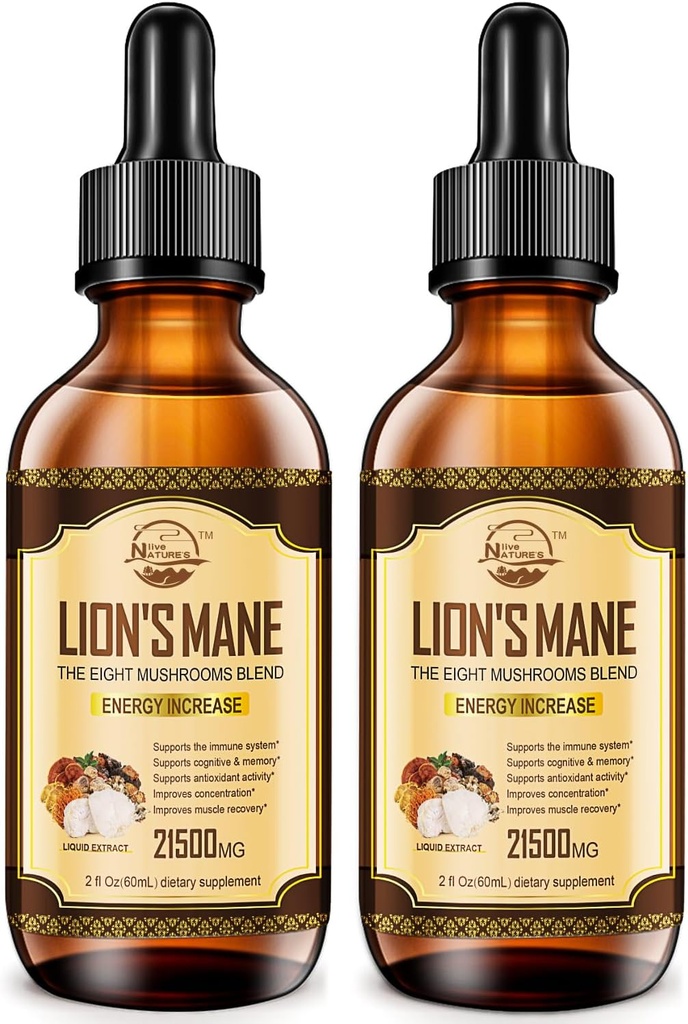Supplément de la Mane de Lions, gouttes d'extrait de champignons liquides, 8 Complexe de champignons pour système immunitaire, Mémoire, Focus Boost, Supplément de champignons avec la Mane de Lion, Cordyceps, Reishi, Vegan, 2 Pack