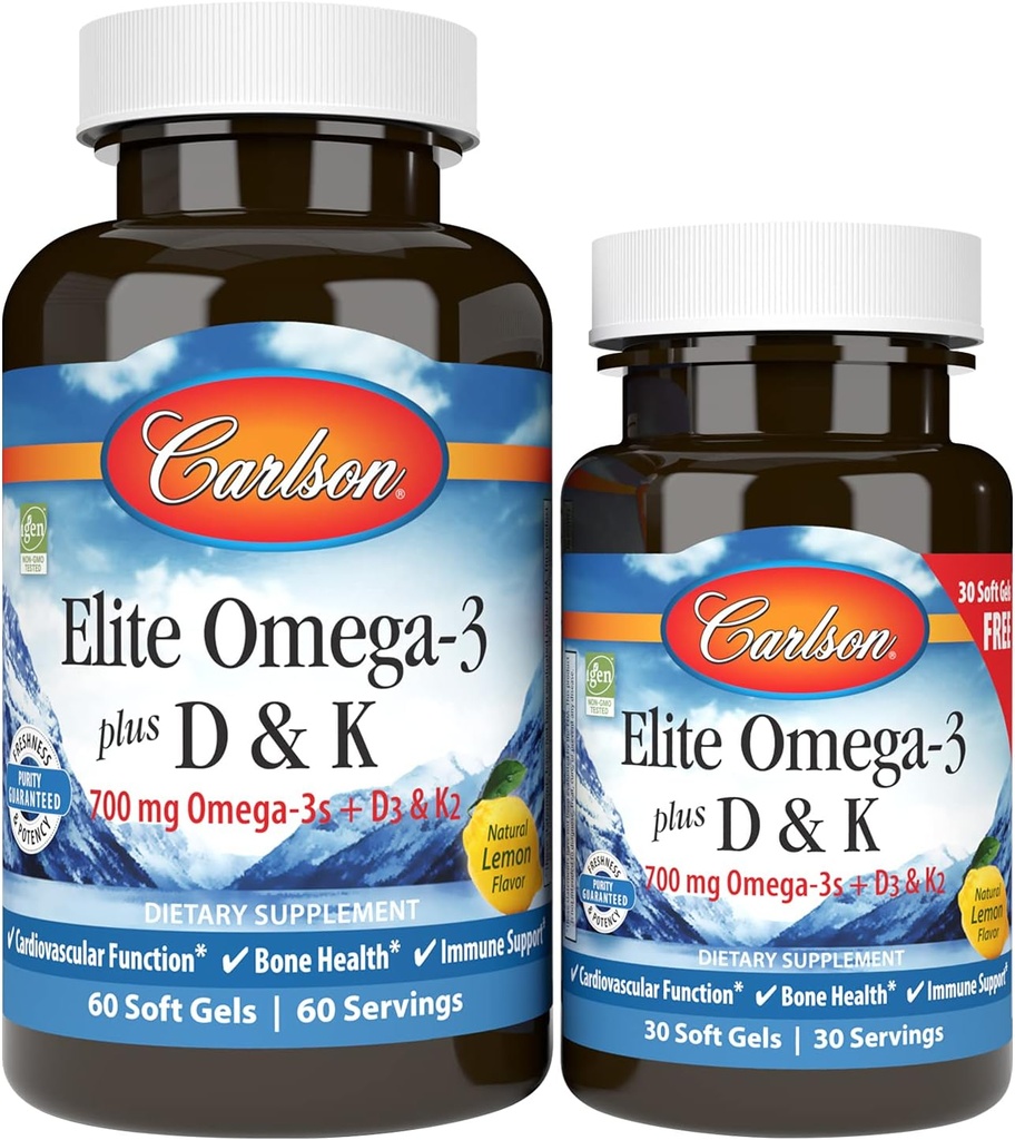 Carlson - Elite Omega-3 Plus D & K, 700 mg Omega-3s + D3 & K2, Fonction, Bone Health & Immune Support, Citron, 60+30 Softgel