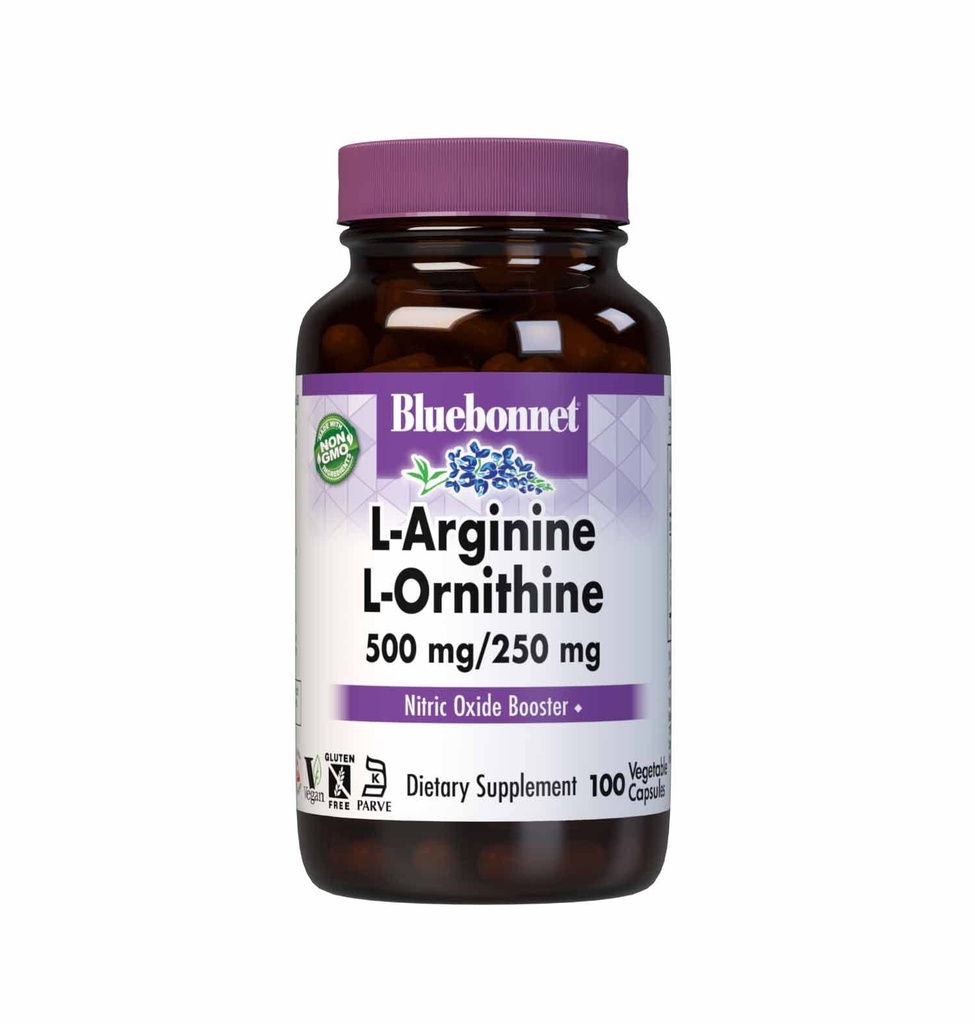 Bluebonnet Nutrition L-Arginine 500mg/L-Orinithine 250mg, soutient le métabolisme des protéines*, sans soja, sans gluten, sans OGM, certifié Kosher, végétalien, 100 capsules végétales