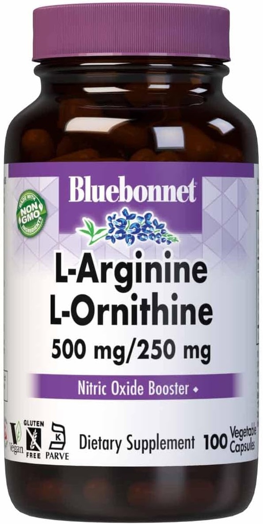 Bluebonnet Nutrition L-Arginine 500mg/L-Orinithine 250mg, soutient le métabolisme des protéines*, sans soja, sans gluten, sans OGM, certifié Kosher, végétalien, 100 capsules végétales