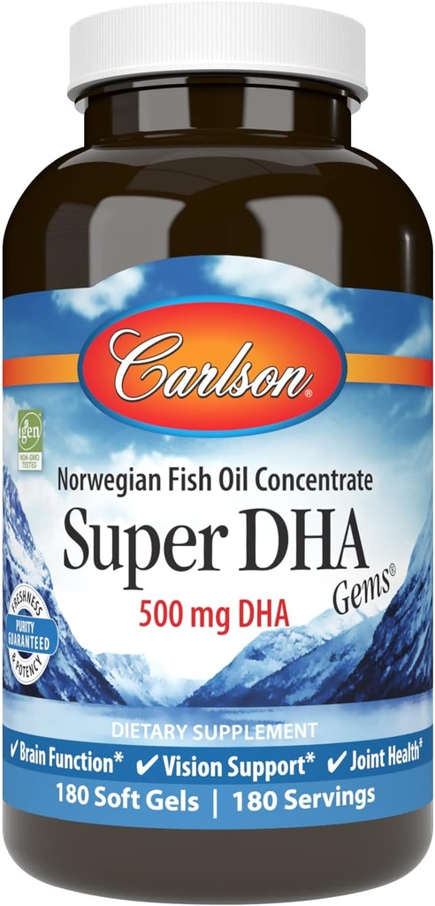Carlson - Super DHA Gems, suppléments DHA de 500 mg, acides gras de 640 mg, supplément d'huile de poisson Oméga 3 de l'Arctique norvégien, capsules d'huile de poisson d'origine durable, 180 Softgels