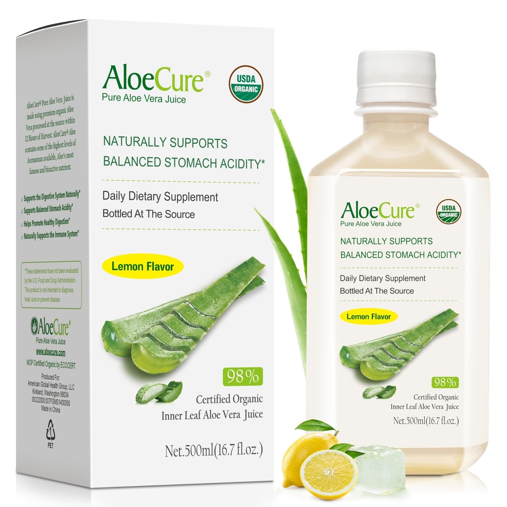 AloeCure USDA Aloe Vera Bio Jus de citron Saveur - Fabriqué dans les 12 heures de la récolte - Supplément digestif naturel pour l'acidité équilibrée de l'estomac - Soutien santé digestif et immunitaire - 1 Btl x 16,7oz