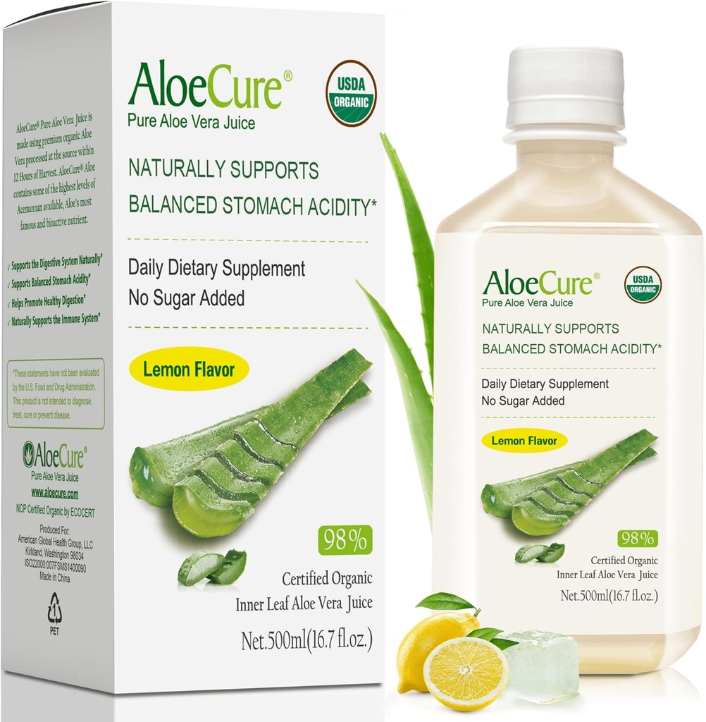 AloeCure USDA Aloe Vera Bio Jus de citron Saveur - Fabriqué dans les 12 heures de la récolte - Supplément digestif naturel pour l'acidité équilibrée de l'estomac - Soutien santé digestif et immunitaire - 1 Btl x 16,7oz