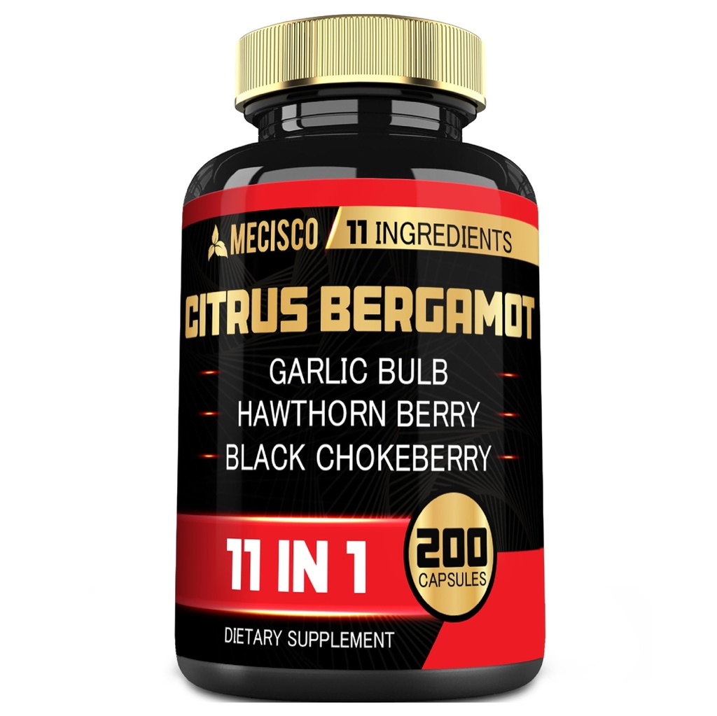 11en1 Supplément d'agrumes Bergamot 1000mg avec feuille d'olive, berry d'épines, guggul, ail et plus - Soutien immunitaire, système circulatoire et santé globale - 200 capsules