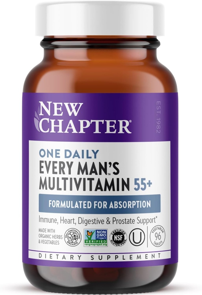 Nouveau chapitre Multivitamine homme 50 Plus pour le cerveau, le cœur, le digestif, la prostate et le soutien immunitaire avec 20 éléments nutritifs + astaxanthine - Chaque jour 55+, doux sur l'estomac - 96 ct