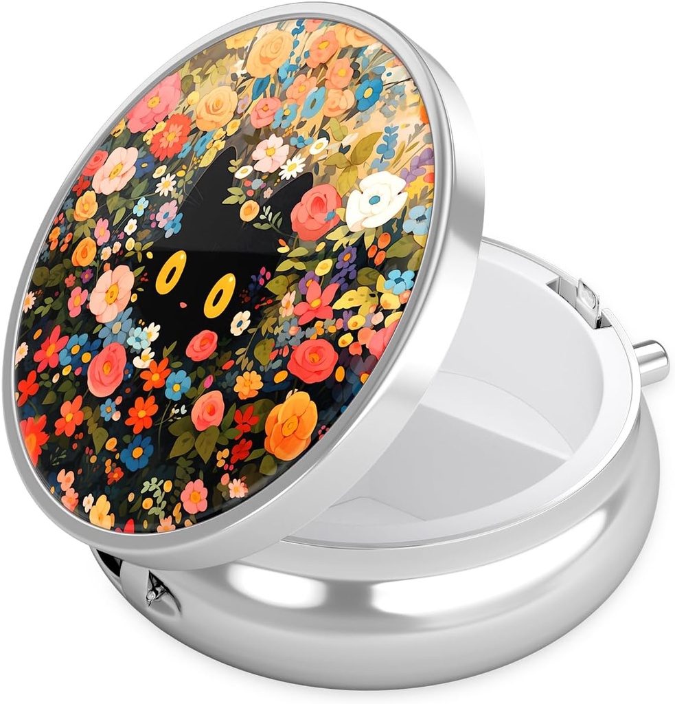 Boîte à pilules Nipichsha, petit cas de pilule pour la purse et la poche, Mignon organisateur de médecine de voyage, porte-conteneur de médicament portable pour tenir les vitamines, médicaments, huile de poisson et supplément, chat fleur