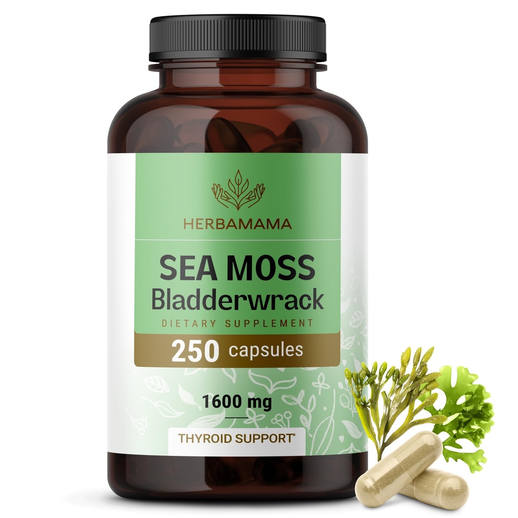 HerbAMAMA Irish Sea Moss Capsules - 1600mg Sea Moss and Bladderwrack pour le soutien immunitaire - Vegan, Supplément d'immunité non-OGM pour le soutien global