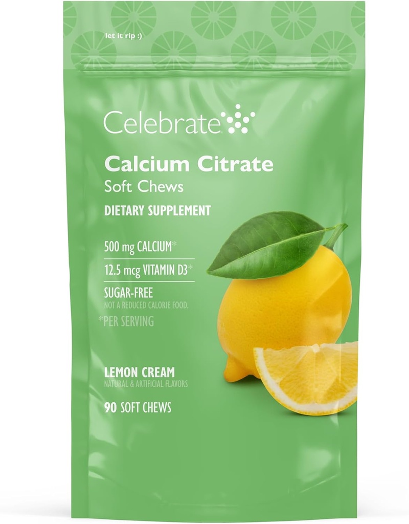 Célébrez les vitamines Bariatric 500mg Citrate de calcium Chews doux avec 500 UI Vitamine D3 – Essentiel pour les patients de passage gastrique et santé des os - sans sucre et sans gluten, citron (90 Chews)