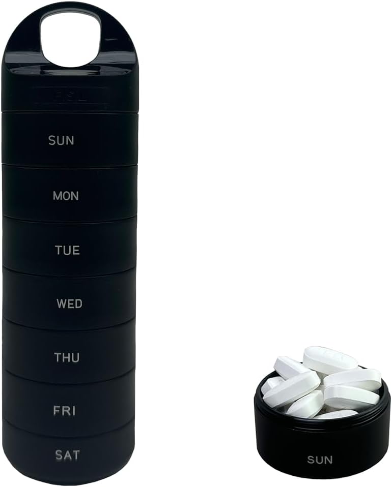 Black Plastic Weekly Pill Organizer - Smart Medicine Pill Organizer Travel - Conteneur de médicaments de 7 jours étanche et sans BPA - Support de pilule pour les vitamines et les médicaments