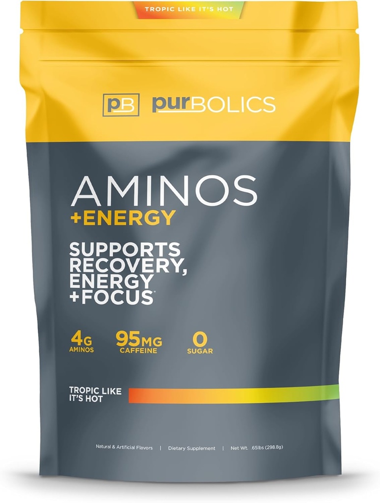 Purbolics Aminos + Énergie , prend en charge la récupération, l'énergie et le focus , 95mg de caféine, 0 sucre et 60 portions (Tropic Like It's Hot)