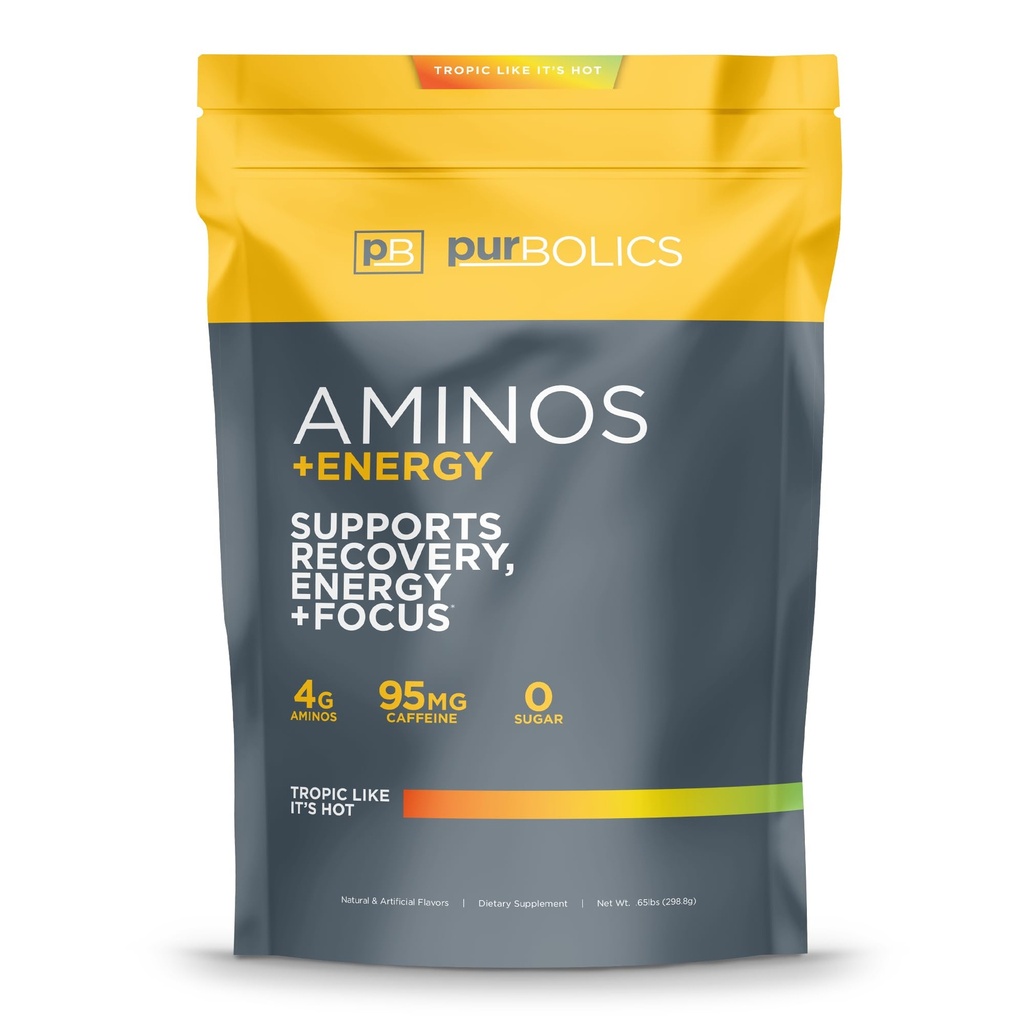 Purbolics Aminos + Energy | Supports Recovery, Energy & Focus | 95mg of Caffeine, 0 Sugar & 60 Servings (Tropic Like It's Hot)