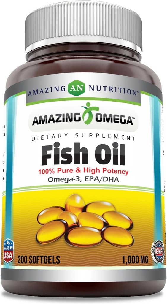 Amazing Omega Fish Oil 1000 mg softgels Supplement: Omega-3, 180 mg EPA. 120 mg DHA: Haute puissance (200 Nombre)