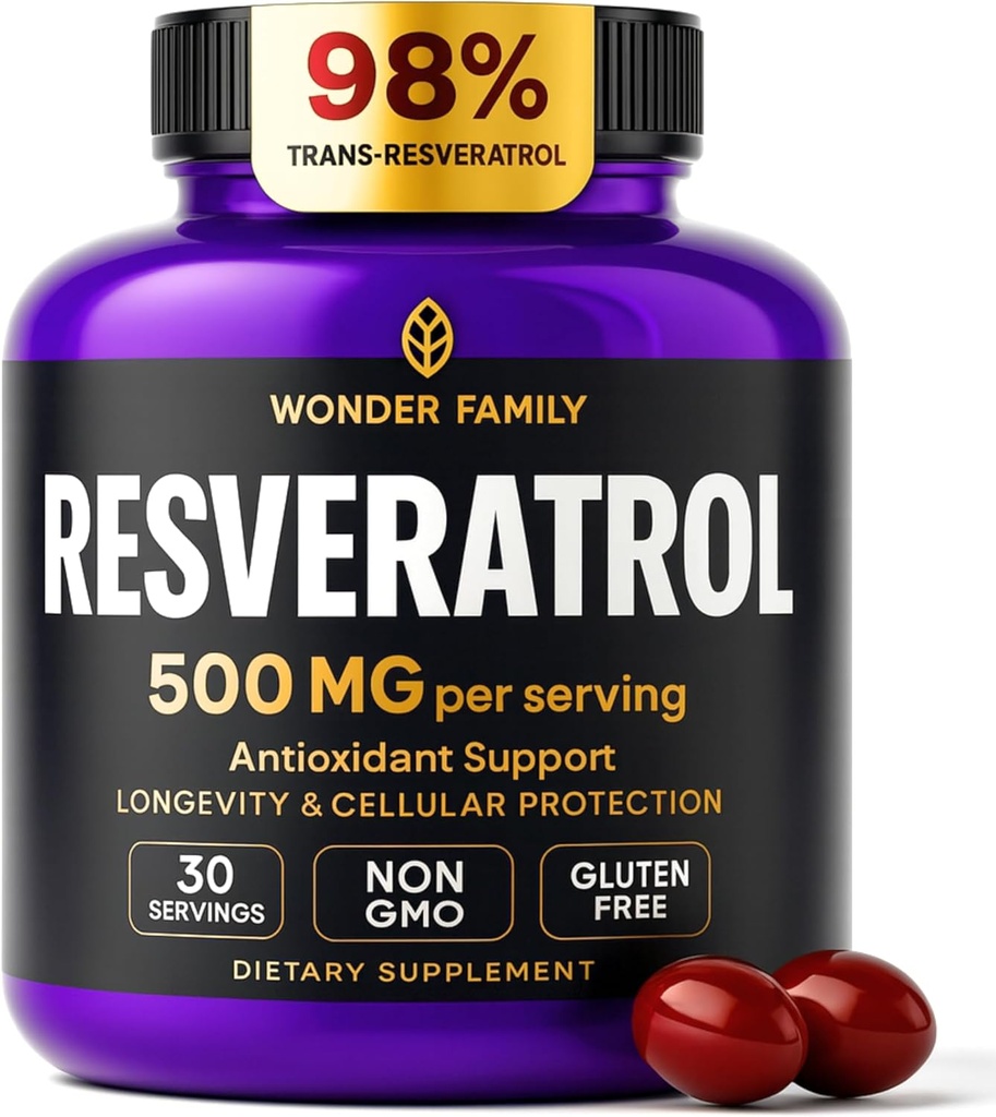 Supplément Resveratrol 500mg – 98% Trans Resveratrol 1000mg Complexe organique – NAD Résvératrol Antioxydants et supplément anti-vieillissement pour la santé cardiaque, lifting mémoire, formule de bien-être, soutien cellulaire sain