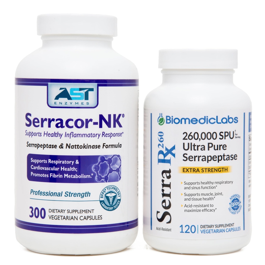 Serracor-NK (300) et Serra-RX 260 000 SU (120)- Ensemble de tissus de cicatrice - Serrapeptase protéolytique résistante aux acides