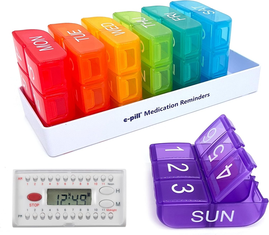 e-Pill 6 fois par jour x 7 jours Pill Weekly Organizer, Vitamine and Medicine Pill Box Rappel - avec 6 réveils (blanc)