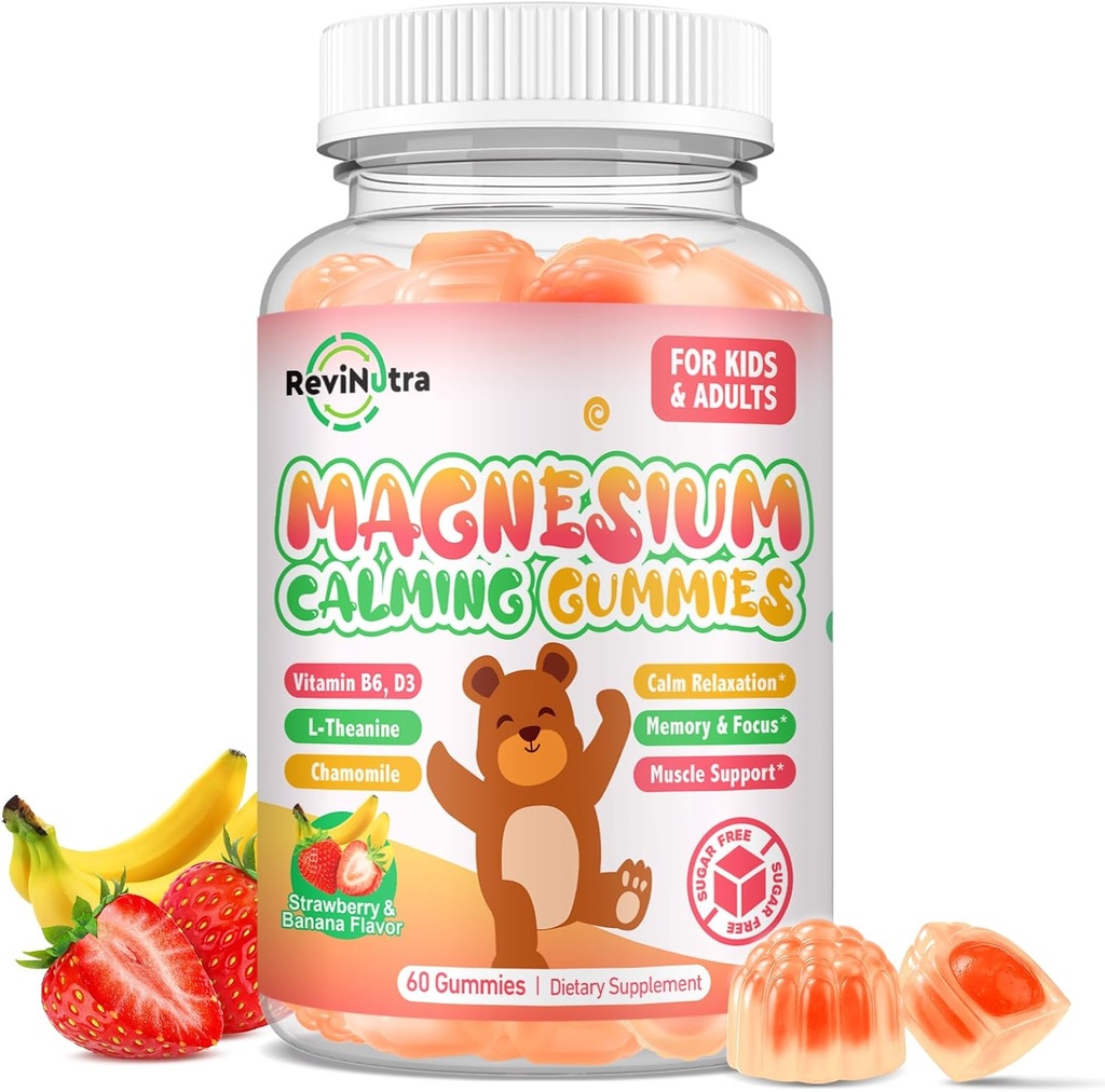 Gommies de magnésium pour enfants - Glycinat de magnésium avec L-Theanine, vitamine B6, D3 pour les enfants et les adultes dorment, calme, relaxation, cerveau, os, soulagement musculaire, banane sans sucre et fraise 60ct
