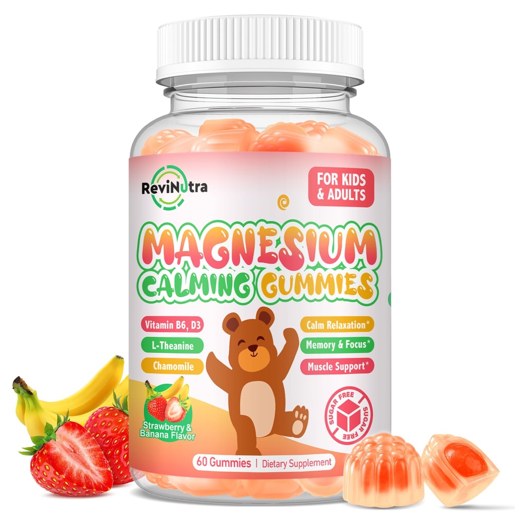Gommies de magnésium pour enfants - Glycinat de magnésium avec L-Theanine, vitamine B6, D3 pour les enfants et les adultes dorment, calme, relaxation, cerveau, os, soulagement musculaire, banane sans sucre et fraise 60ct