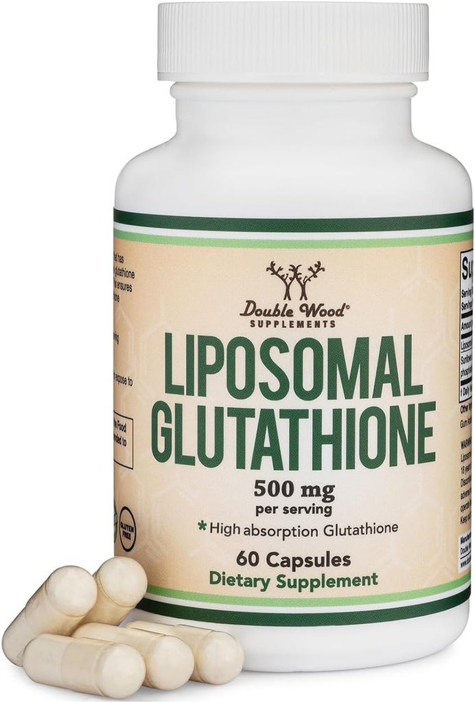 Liposomal Glutathione Supplement 500mg per Serving, 60 Capsules (Vegan Safe, Non-GMO) Max Absorption Liposomal Glutathione with Genuine Smell and Taste by Double Wood