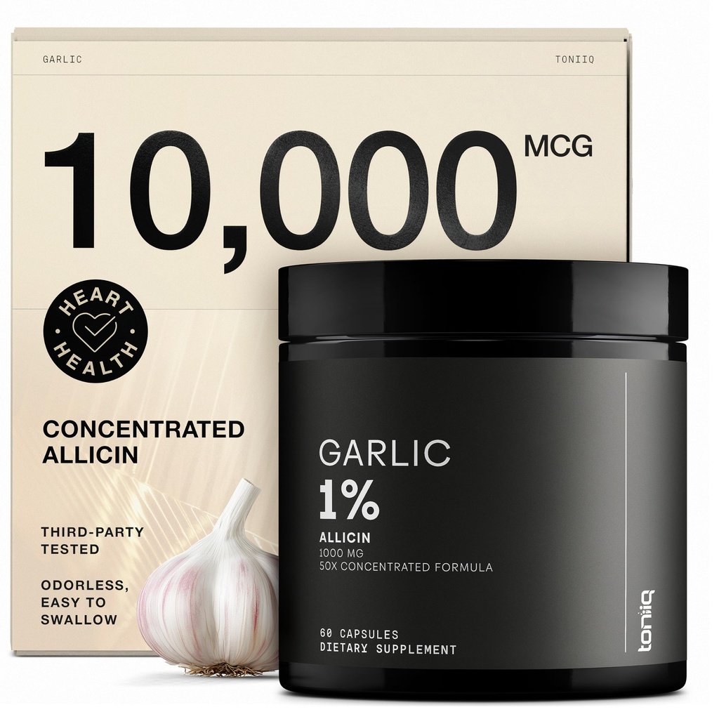 Capsules d'ail avec 10 000 mcg d'allicine - Sans odorat - 50:1 Extrait pour la puissance maximale - Laboratoire de troisième partie testé - 60 Capsules végétariennes