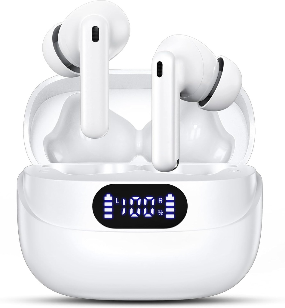 Ecouteurs sans fil, Bluetooth 42H Playtime 5.3 Casques d'écoute, HiFi Stereo Call Bruit Annuler les écouteurs, IPX7 Waterproof Stereo dans l'oreille avec affichage LED pour iOS Android (Blanc)
