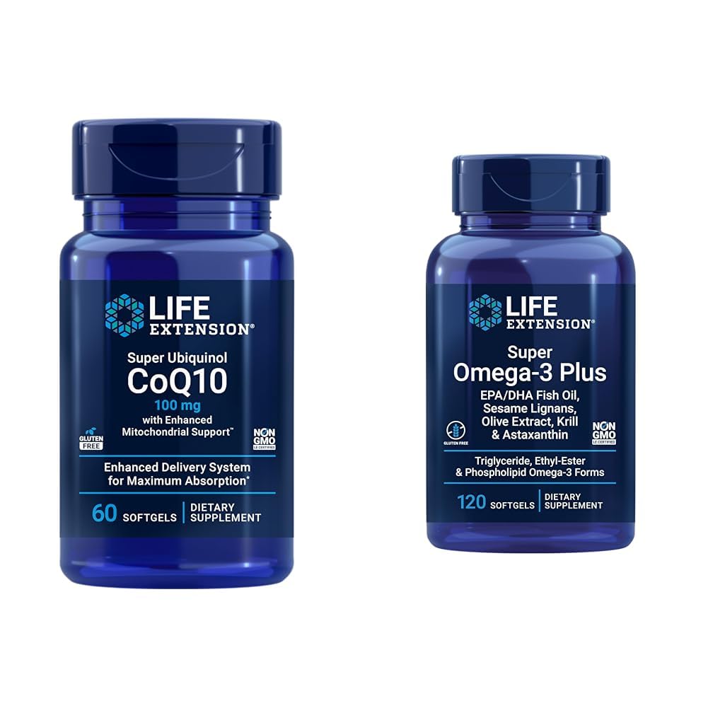 Extension de vie Super Ubiquinol CoQ10 avec soutien Mitochondrial amélioré et Super Omega-3 Plus EPA/DHA Huile de poisson, sésame Lignans, extrait d'olive, Krill & Asta