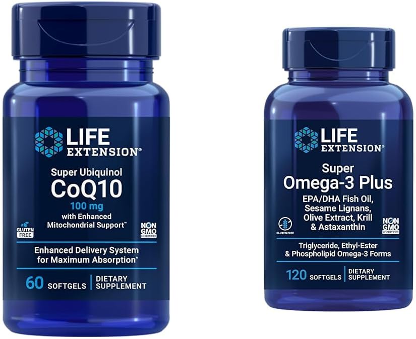 Life Extension Super Ubiquinol CoQ10 with Enhanced Mitochondrial Support & Super Omega-3 Plus EPA/DHA Fish Oil, Sesame Lignans, Olive Extract, Krill & Asta