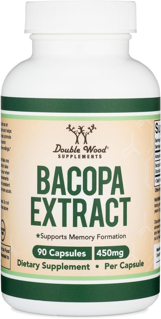 Bacopa Monnieri Capsules 20% Bacosides 450mg, 90 Compte (non-OGM, sans gluten) Extrait Brahmi (complément mémoire pour la santé du cerveau, la concentration et la fonction cognitive) par Double Wood