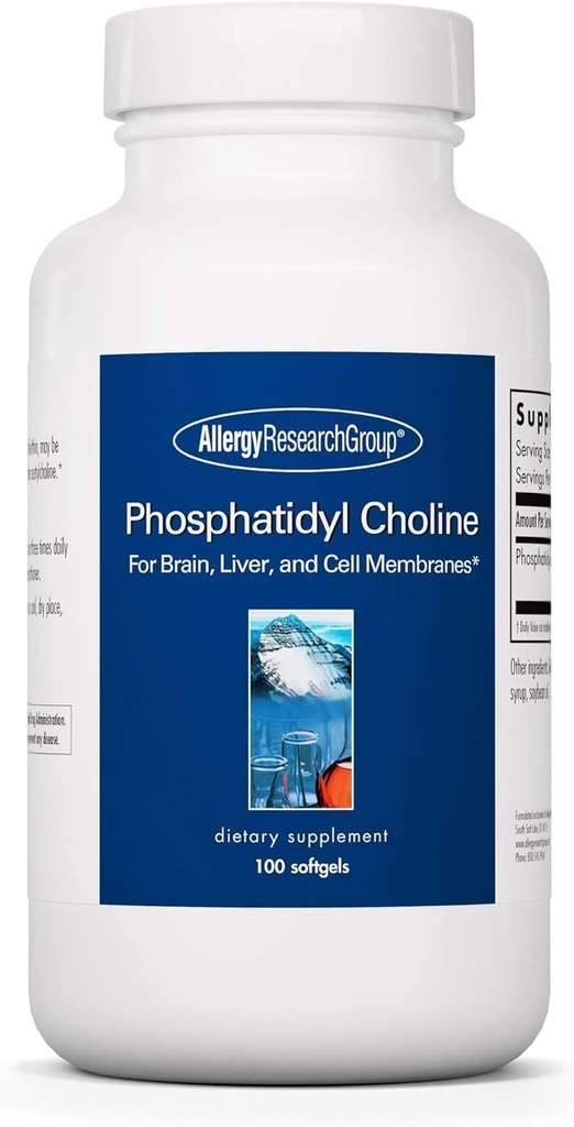 Groupe de recherche sur l'allergie Choline de Phosphadiyl - Suppléments de Phosphadiylcholine pour la santé du cerveau et du foie, extrait de lécithine de soja pour la concentration et la mémoire, 385mg par gélule - 100 Softgels
