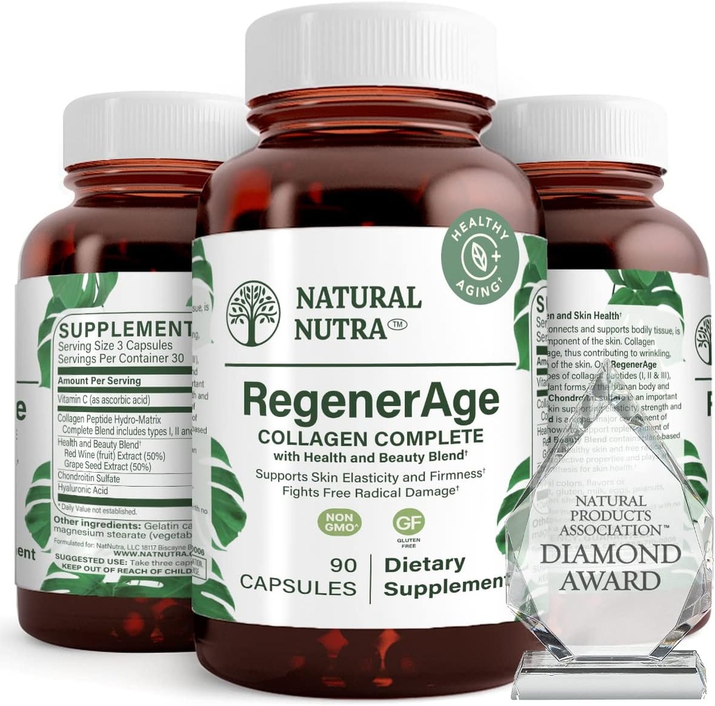 Natural Nutra RegenerAge Supplément complet pour la santé de la peau avec des peptides protéiques, Réduire les marques stretch, Contribue à la santé globale, Vitamine C, Extrait de vin rouge de graines de raisin, sans gluten, 90 capsules.
