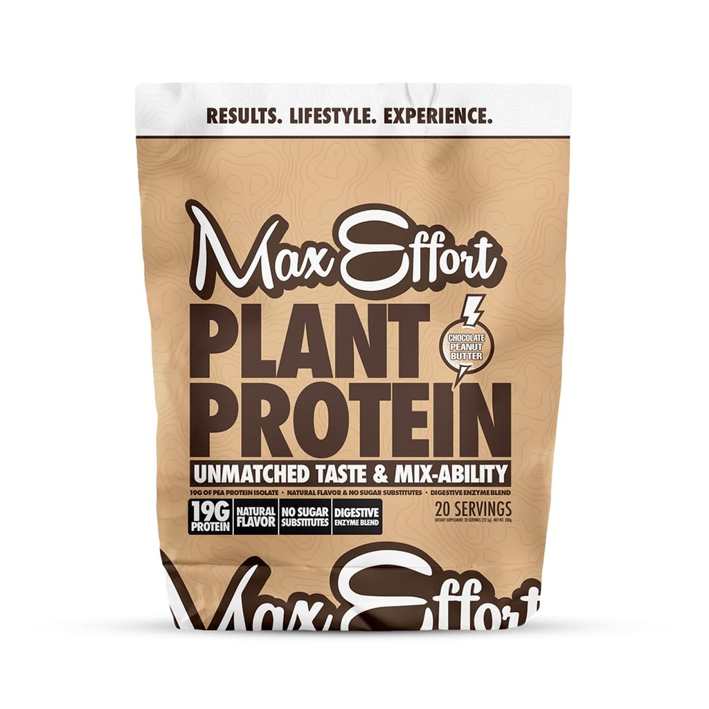 MAX EFFORT Poudre de protéines végétales, 19 G de protéines de pois, base végétale, sans gluten, faible teneur en glucides, mélange de smoothie ou de shake de protéines, substitut de repas, pas de lactosérum, aucun substitut de sucre, beurre d'arachide au chocolat, 20 Srvg